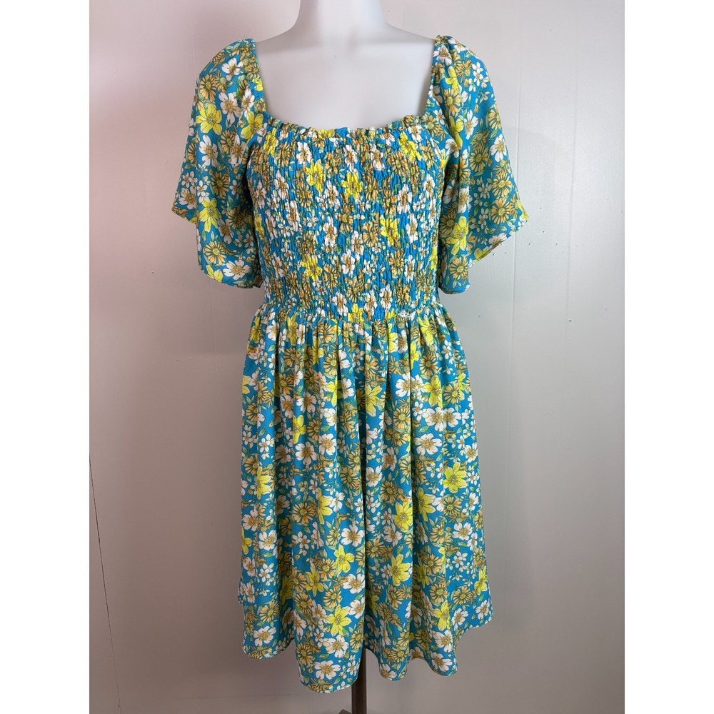 Mittoshop Dress Medium Blue Green Floral Smocked Flutter Sleeve Sundress